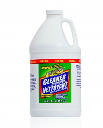 64oz bottle of Powerful Bleach Cleaner with clear logo.