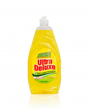 30oz bottle of Lemon scented Ultra Deluxe Lemon Dishwashing Liquid.