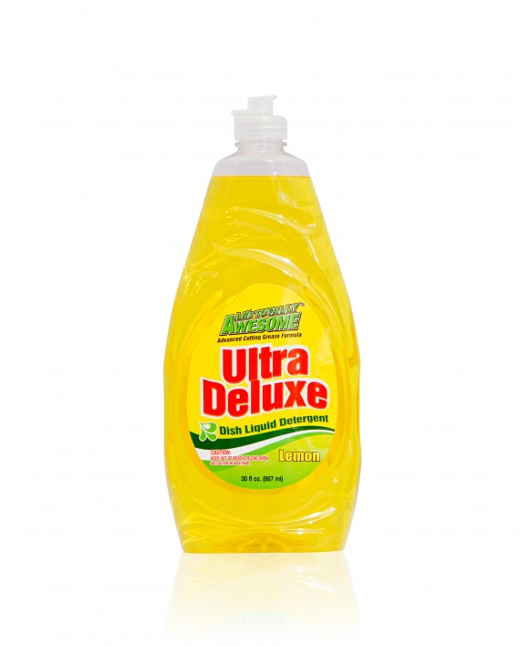 30oz bottle of Lemon scented Ultra Deluxe Lemon Dishwashing Liquid.