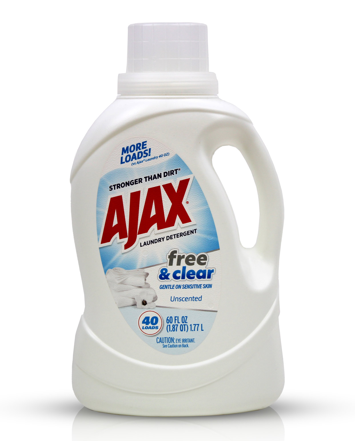 60oz bottle of AJAX Sensitive skin laundry detergent with a clear label.