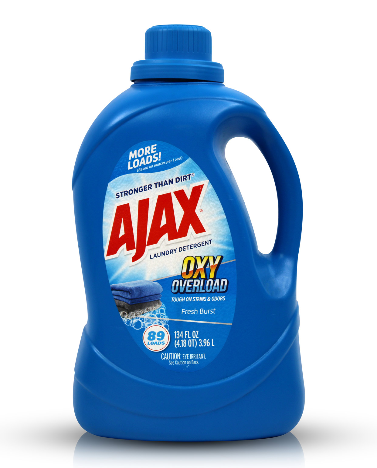 134oz bottle of AJAX Oxygen-powered laundry detergent Oxy Overload with a clear label.