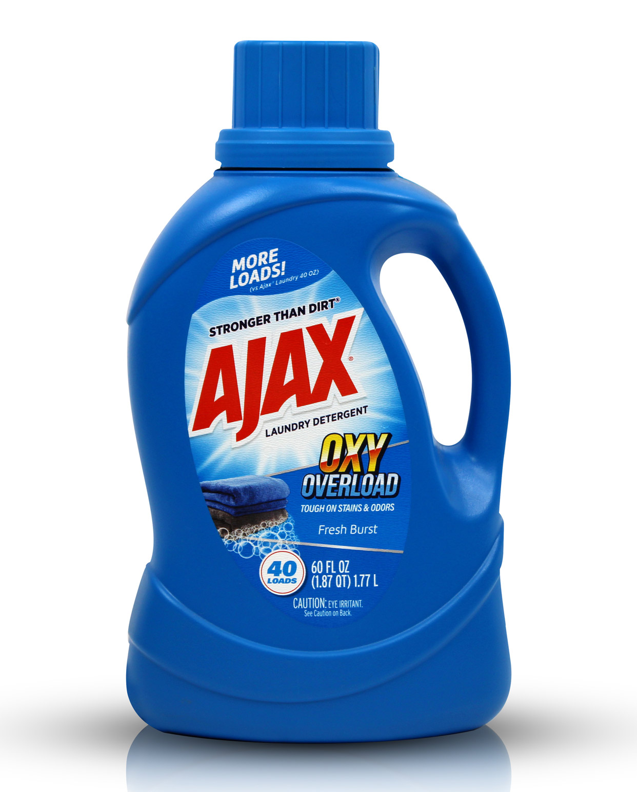 60oz bottle of AJAX Oxygen-enhanced laundry detergent Oxy Overload with a clear label.